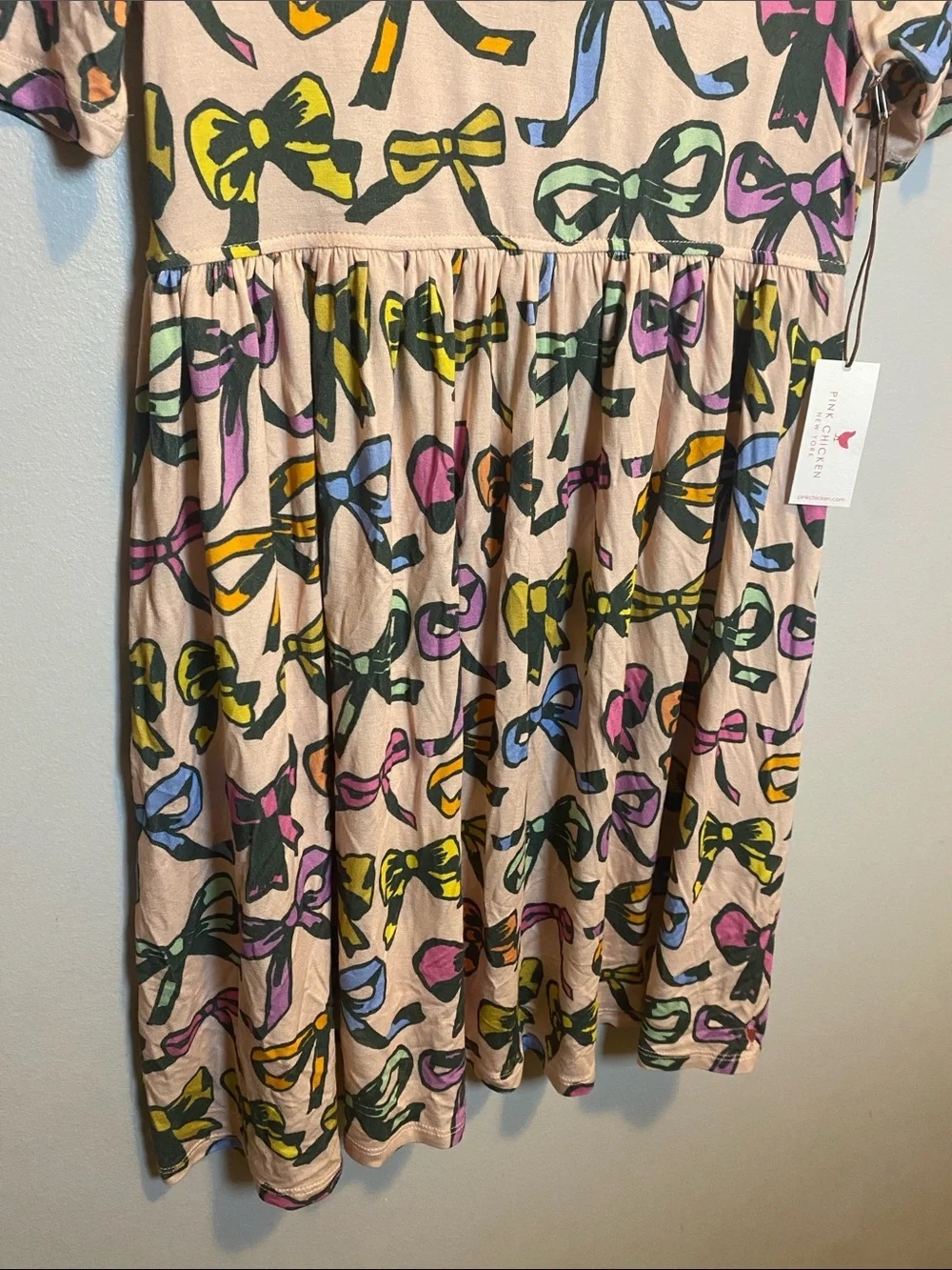Pink Chicken Girls Bamboo Steph Dress NWT Girls 8 Pink Bows Short Sleeve Stretch